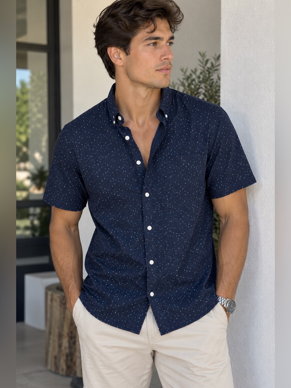 Express Navy Short-Sleeve Shirt with Micro Dot Print